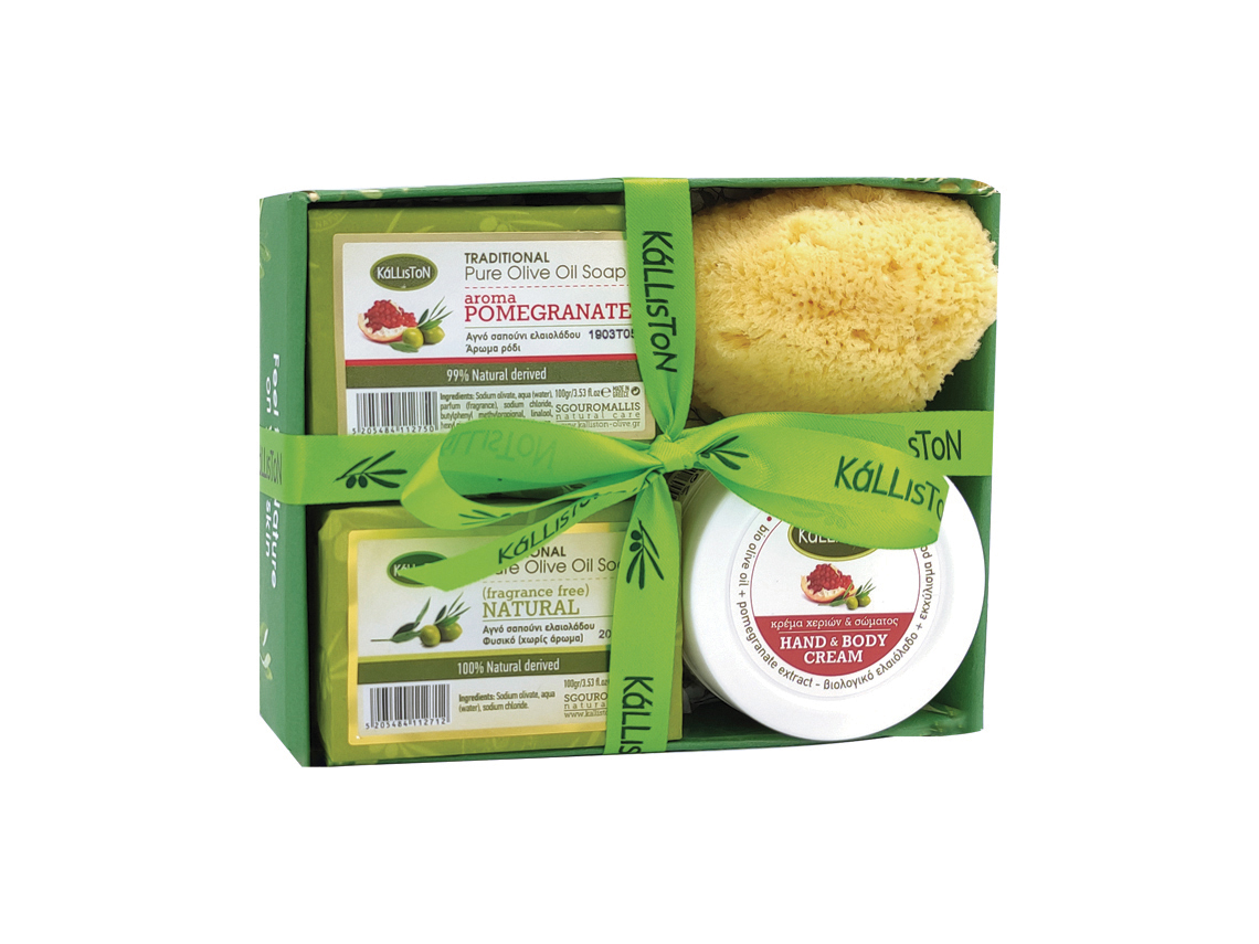 Gift box with 2 traditional olive oil soaps + body butter 75ml + sponge