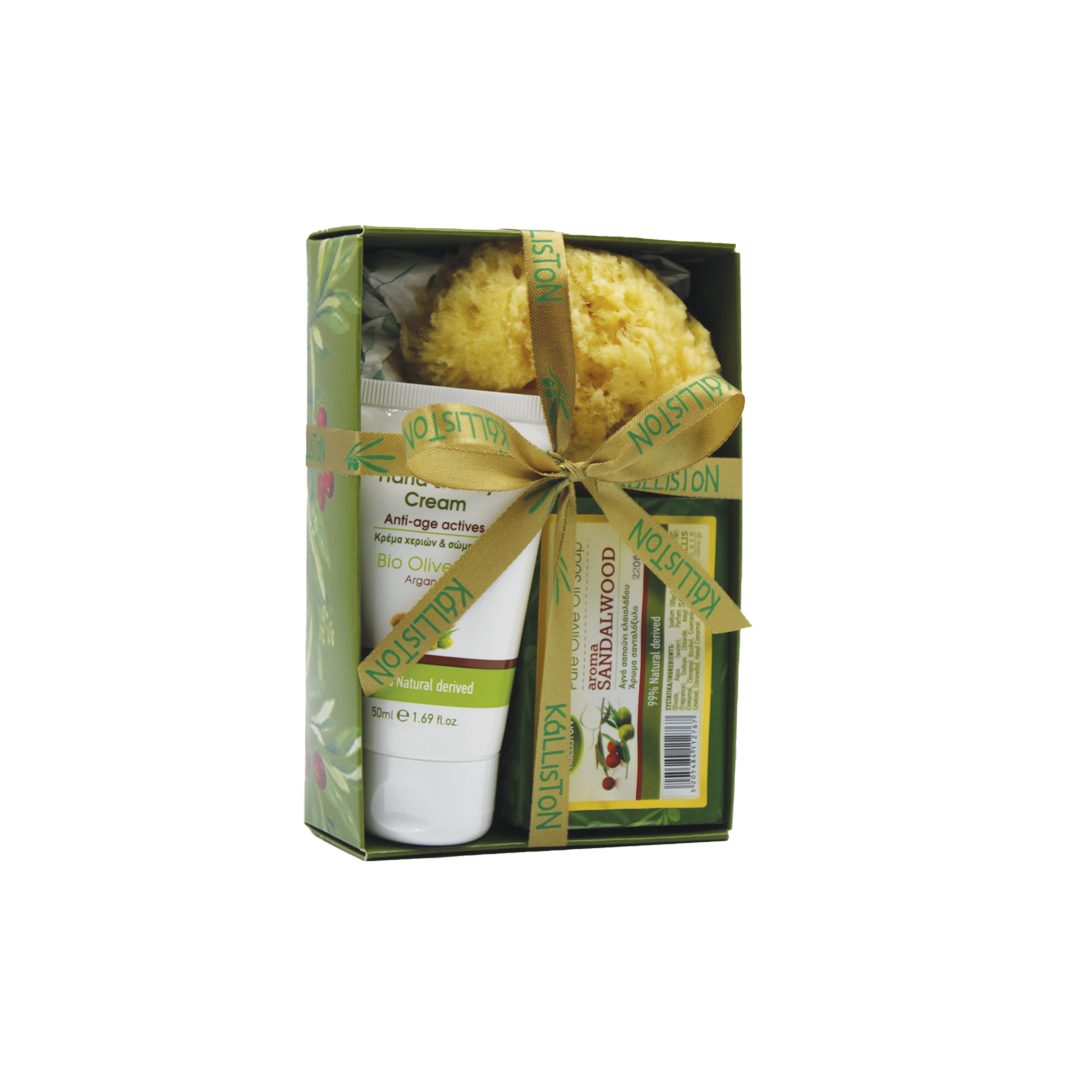 Gift box with traditional olive oil soap 100gr + hand & body cream 50ml + sponge