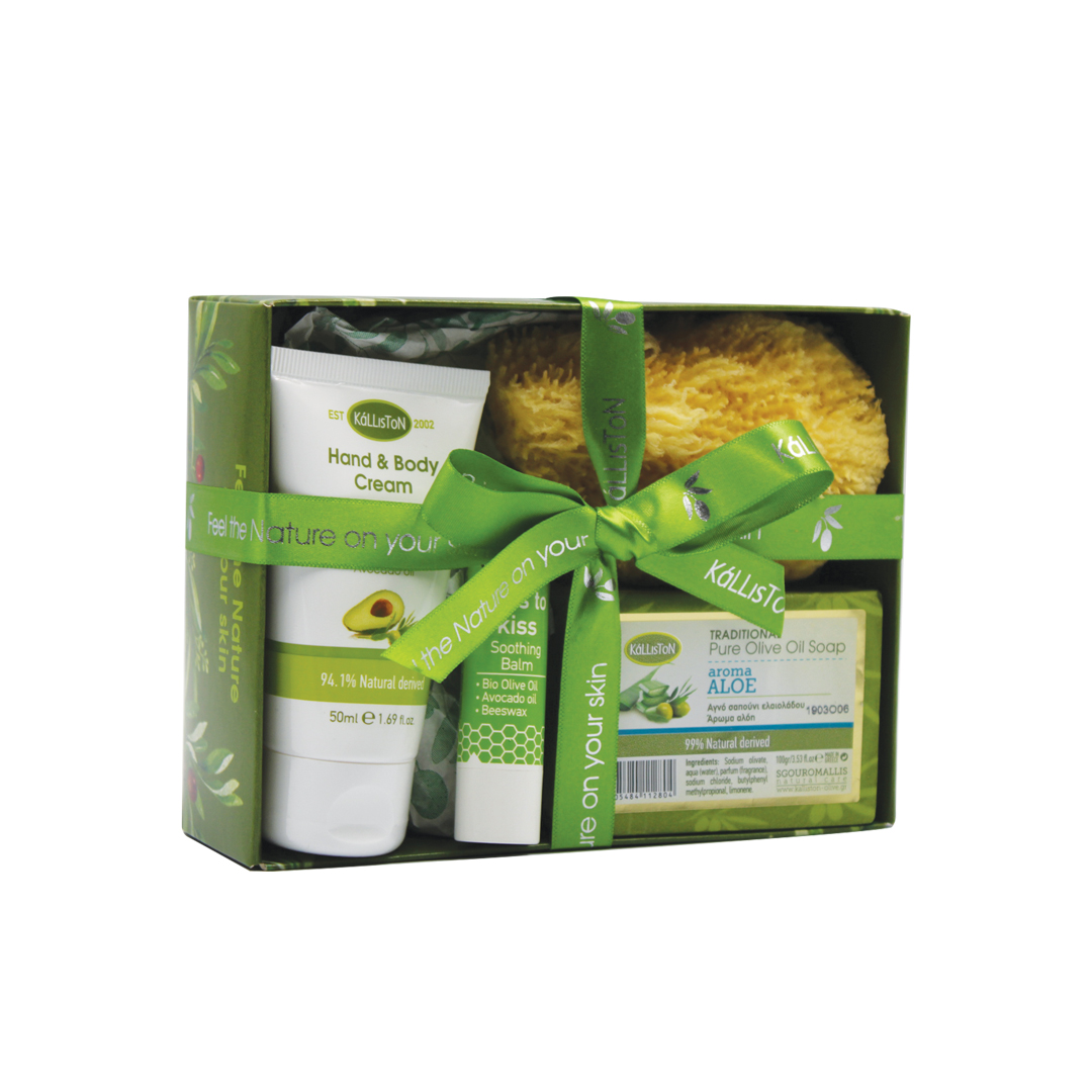 Gift box with traditional olive oil soap 100gr + Hand & Body Cream 50ml + Lip Balm + Sponge