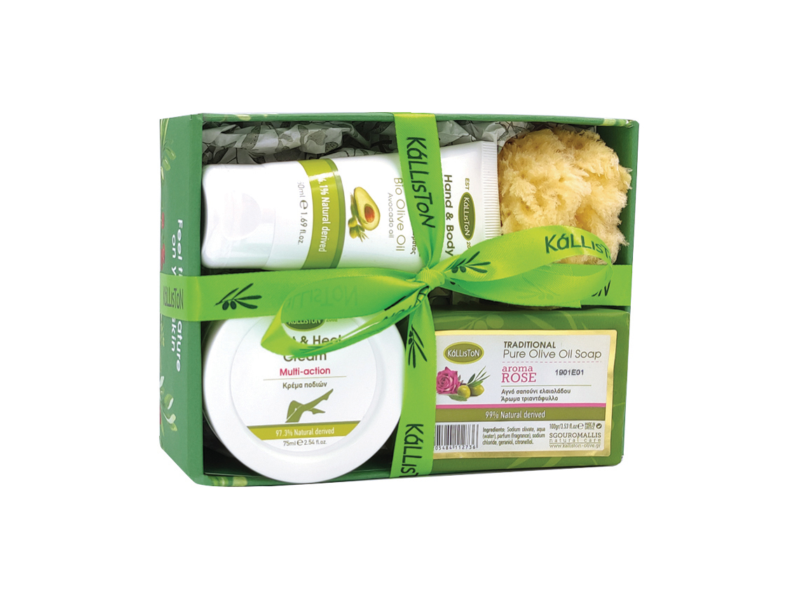 Gift box with hand & body cream 50ml + foot & heel cream 75ml + sponge + traditional olive oil soap 100gr